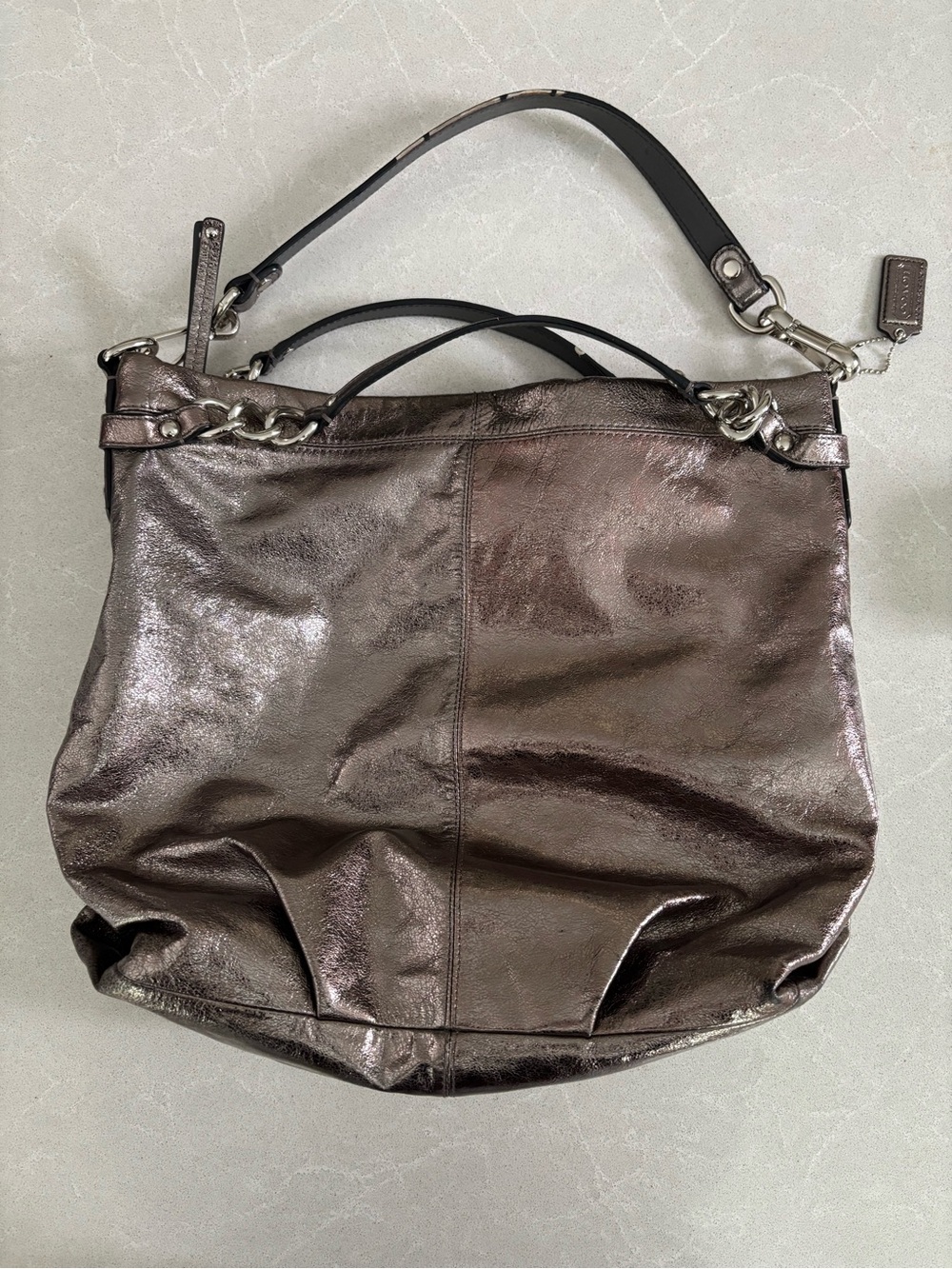Coach Metallic Bronze Leather Shoulder Bag with Chain Trim